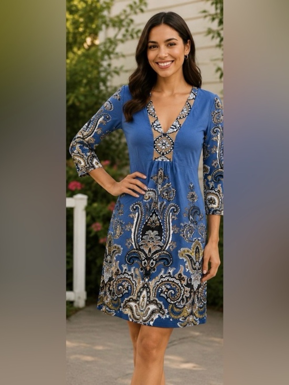 Blue Paisley Deep V Stretch Dress – Size M